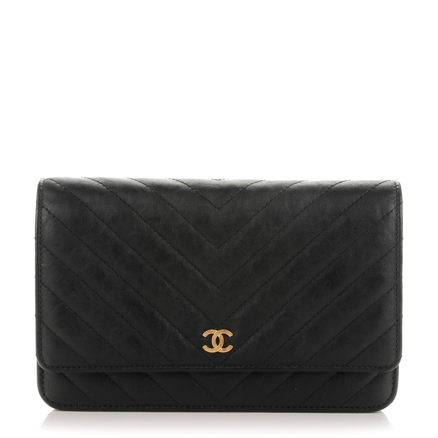 Chanel Calfskin Chevron Wallet On Chain WOC Black 1 of 8