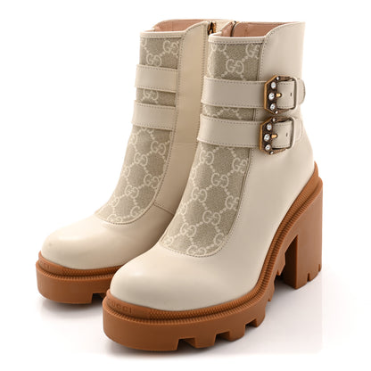 Gucci Kensington Calfskin Nappa GG Supreme Monogram Womens Double Buckle Ankle Boots 37.5 Mystic White Beige 3 of 11