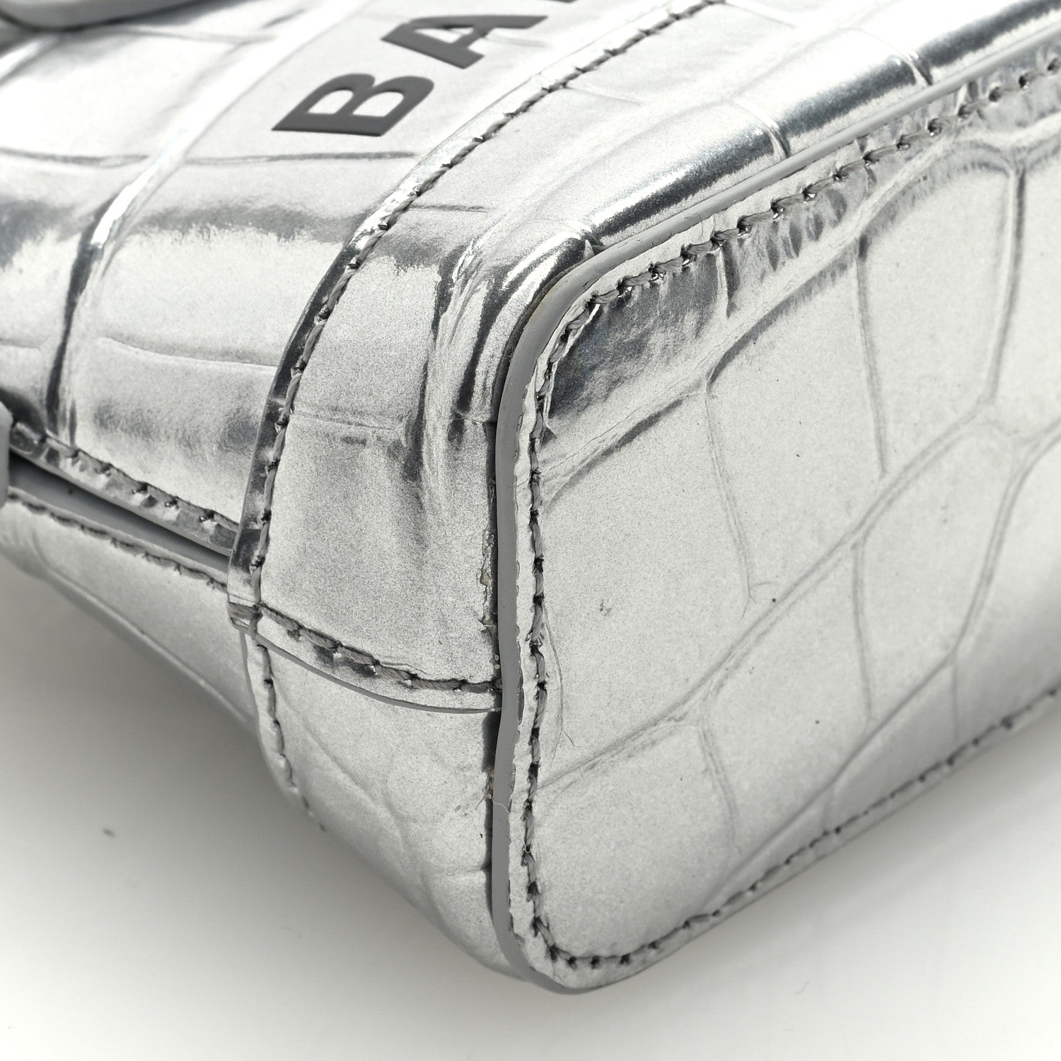Balenciaga Metallic Calfskin Logo Crocodile Embossed Mini Ville Top Handle Bag Silver Black 7 of 9
