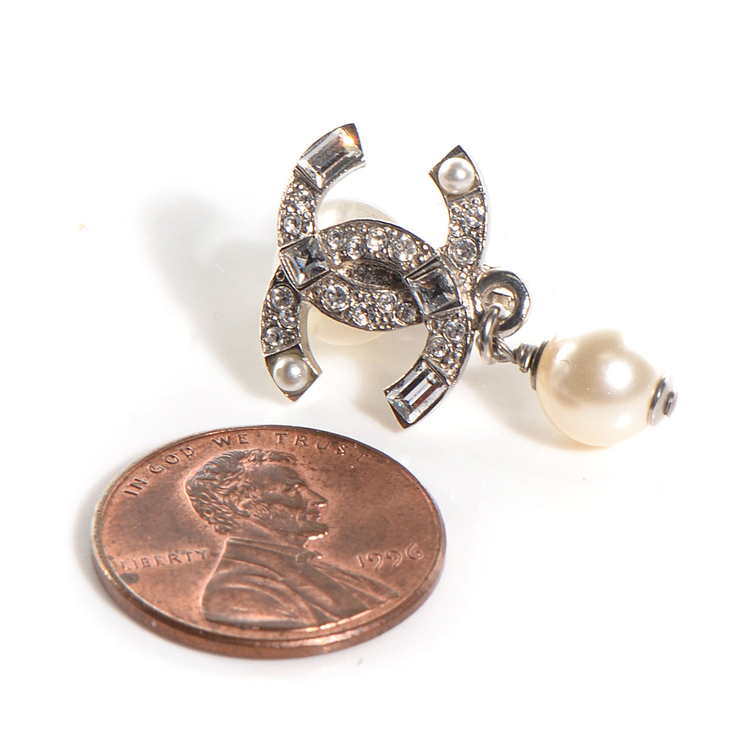 Chanel Crystal Pearl CC Drop Clip On Earrings Silver 2 of 5