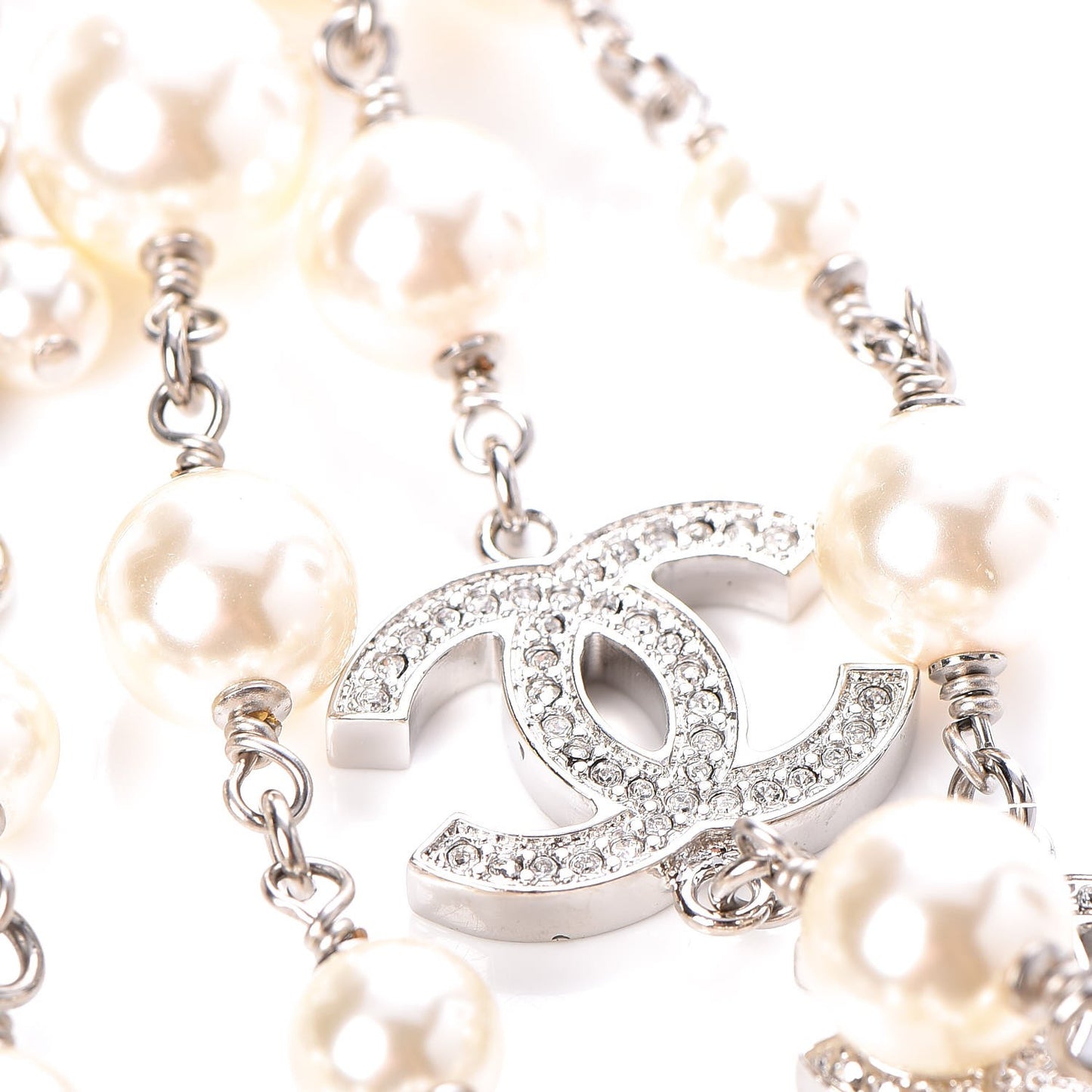 Crystal Pearl CC Long Necklace Silver
