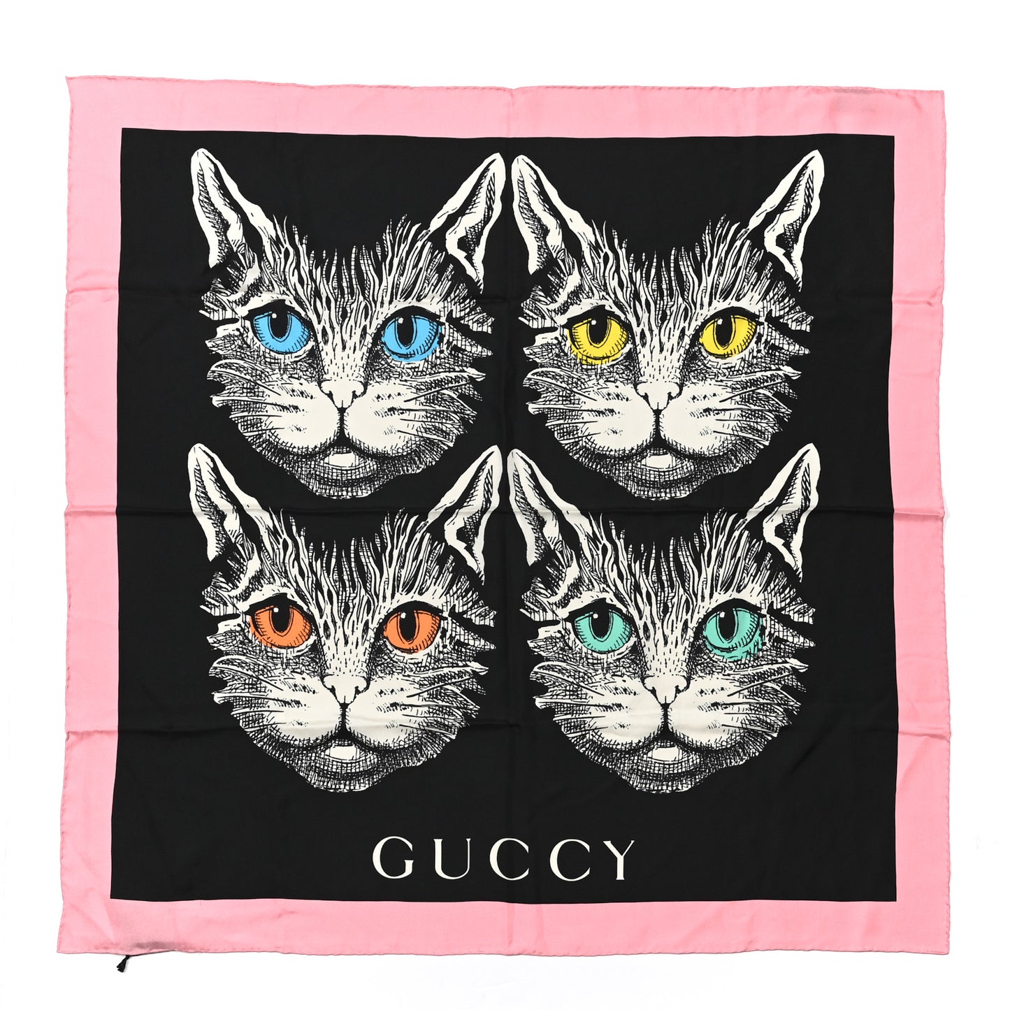Silk Mystic Cat Square Scarf Black