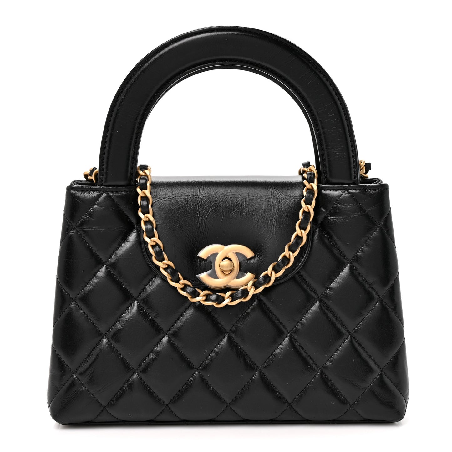 Shiny Aged Calfskin Quilted Nano Kelly Shopper Black