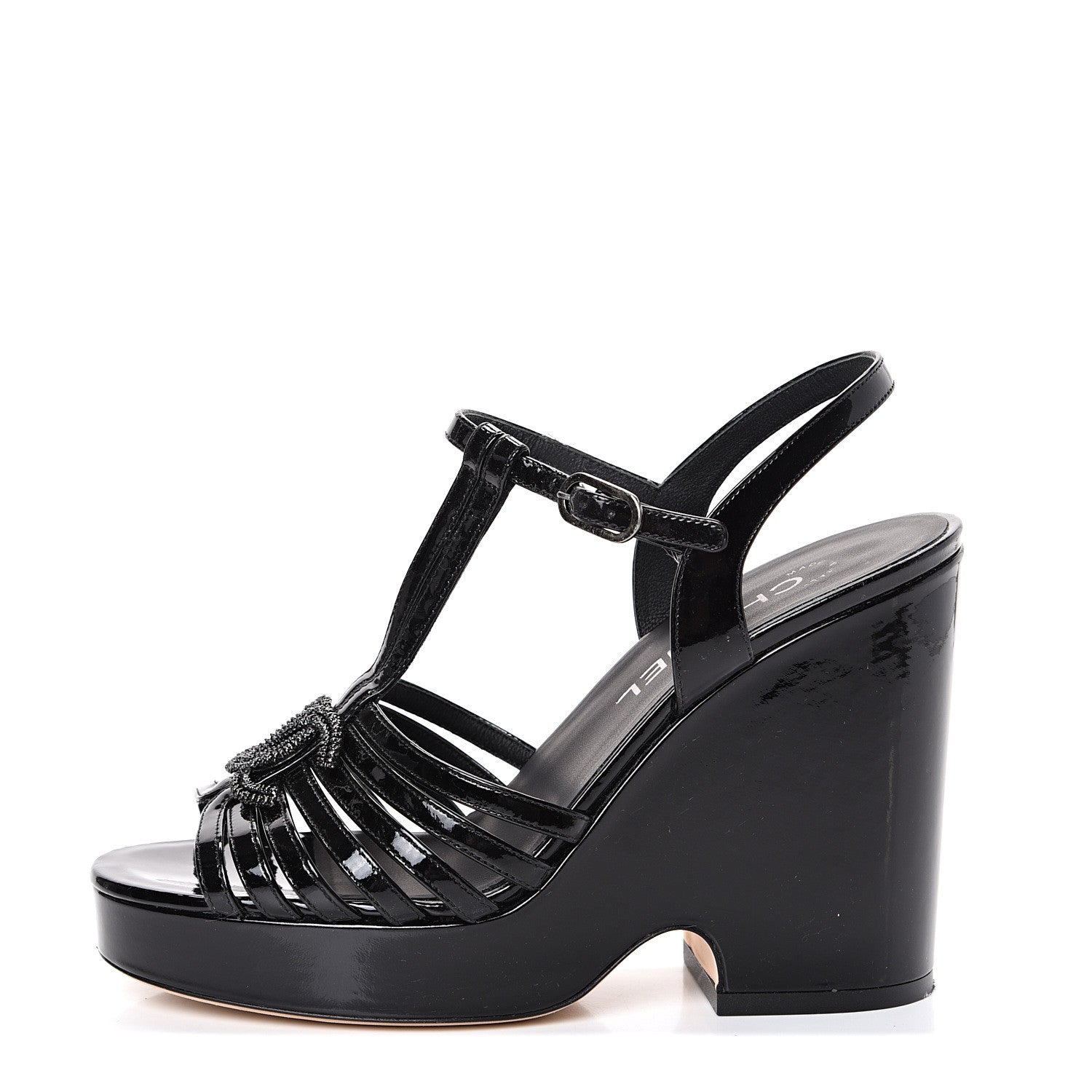 Chanel Patent CC T Strap Platform Wedges 37.5 Black 1 of 11