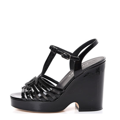 Chanel Patent CC T Strap Platform Wedges 37.5 Black 1 of 11