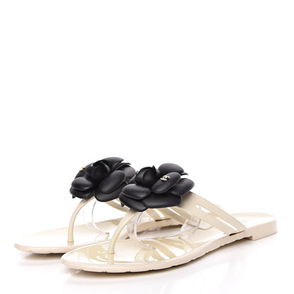 Chanel Jelly Camellia Thong Sandals 39 Ivory Black 3 of 15