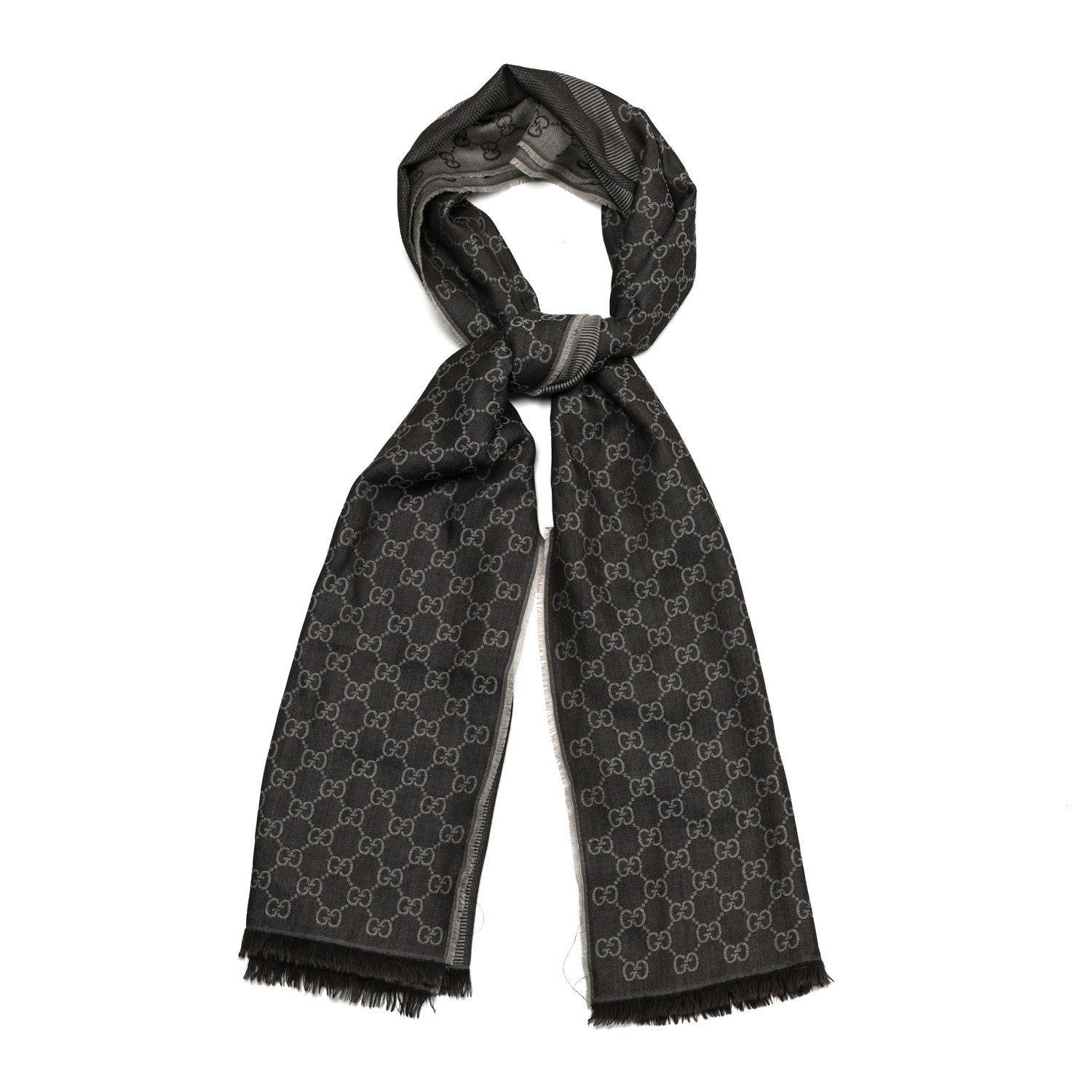 Gucci Wool Silk GG Monogram GGWeblong Fringe Scarf Shawl Rope Dark Brown 3 of 9