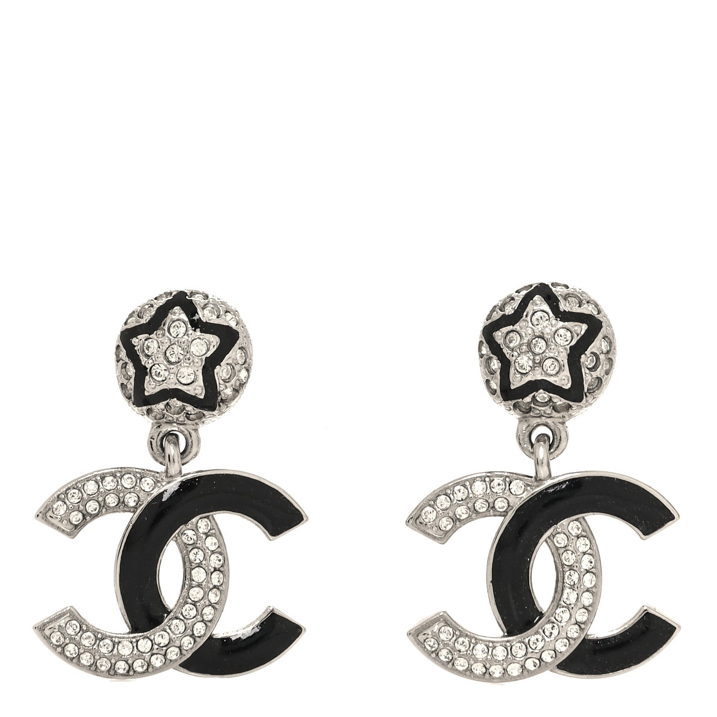 Crystal Enamel CC Star Drop Earrings Silver Black