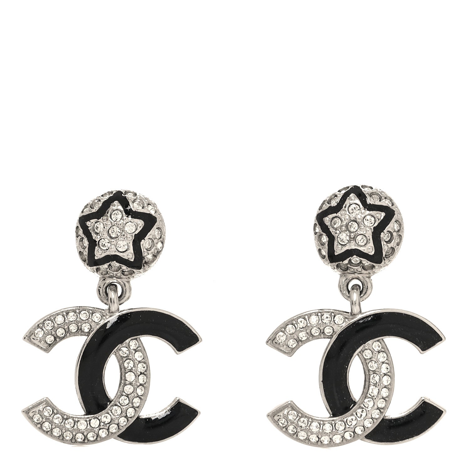 Chanel Crystal Enamel CC Star Drop Earrings Silver Black 1 of 5