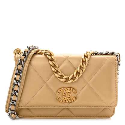Chanel Metallic Goatskin Quilted Chanel 19 Wallet On Chain WOC Gold 1 of 13