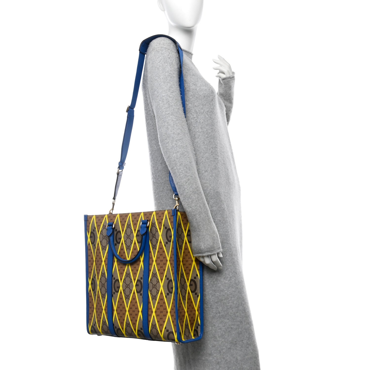 Gucci GG Supreme Monogram Mix Textured Dollar Calfskin Rhombus Inlay Large Tote Bag Beige Ebony Harvest Joy Blue 2 of 10