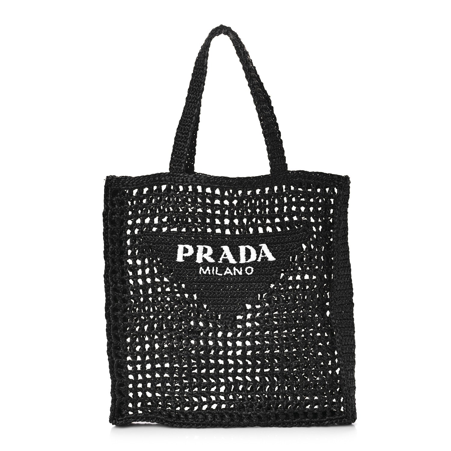 Prada Yarn Raffia Effect Crochet Logo Embroidered Tote Bag Black 1 of 9
