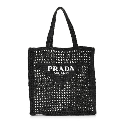 Prada Yarn Raffia Effect Crochet Logo Embroidered Tote Bag Black 1 of 9