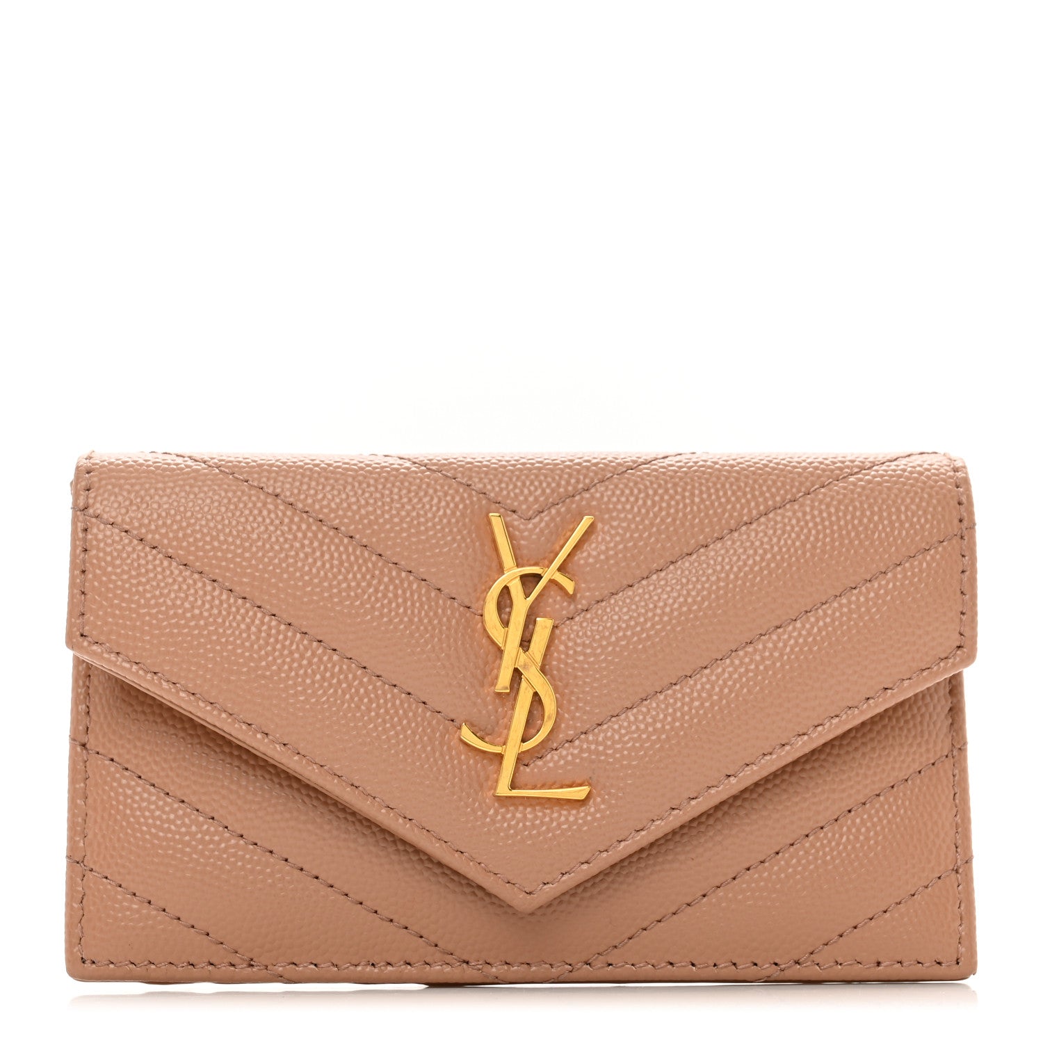 Saint Laurent Grain De Poudre Matelasse Chevron Monogram Compact Wallet Dark Beige 1 of 7