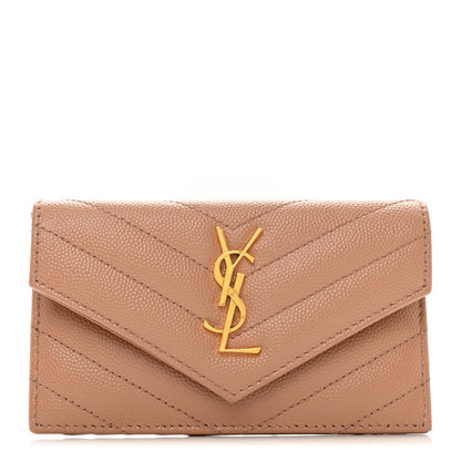 Saint Laurent Grain De Poudre Matelasse Chevron Monogram Compact Wallet Dark Beige 1 of 7