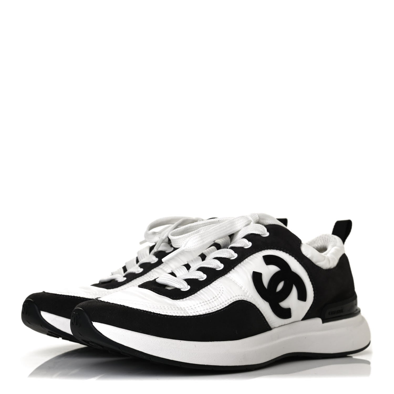 Chanel Nylon Calfskin Suede Womens CC Sneakers 38.5 White Black 2 of 8