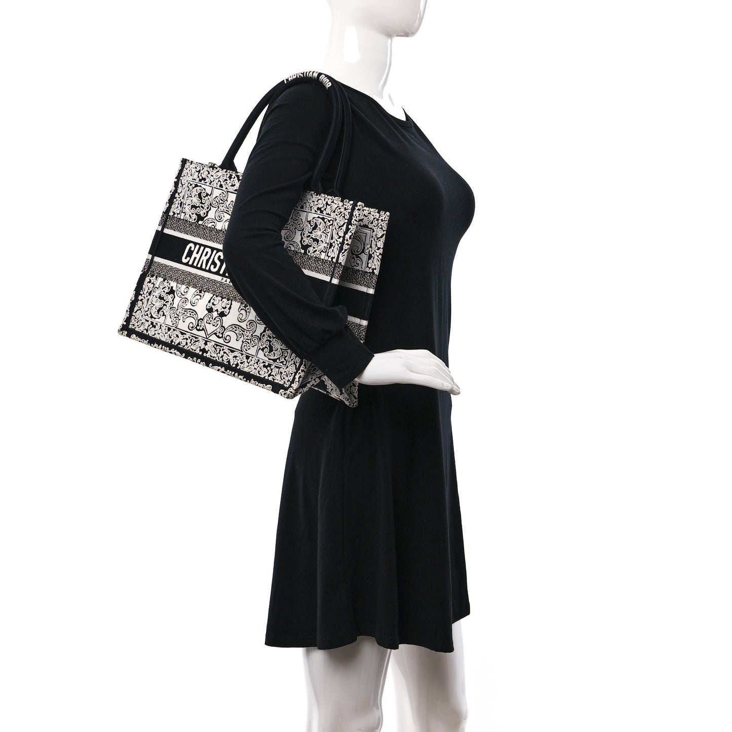 Canvas Embroidered Medium Ornamental Cornely Effect Book Tote Black White