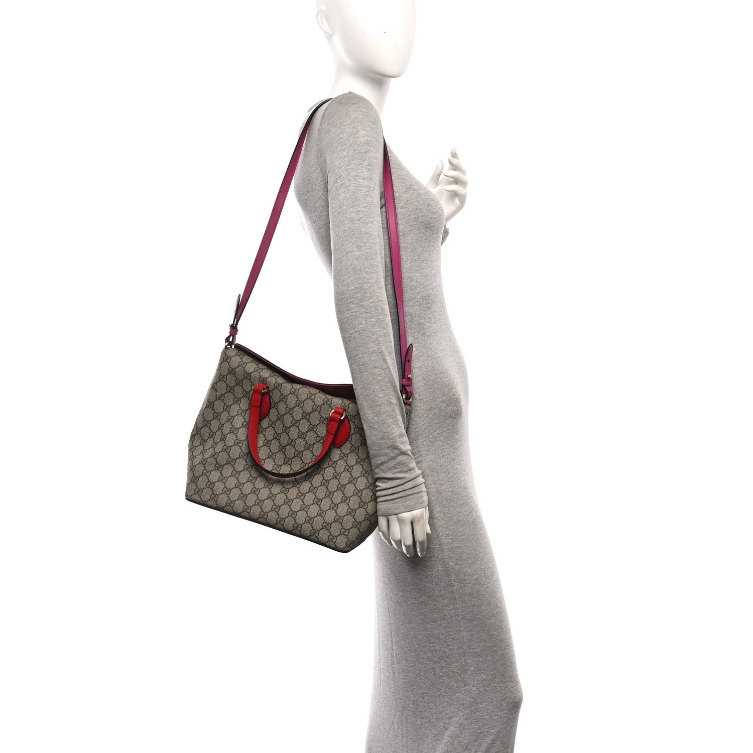 Gucci GG Supreme Monogram Linea A Foldover Tote Beige Hibiscus Red New Rosette 2 of 10