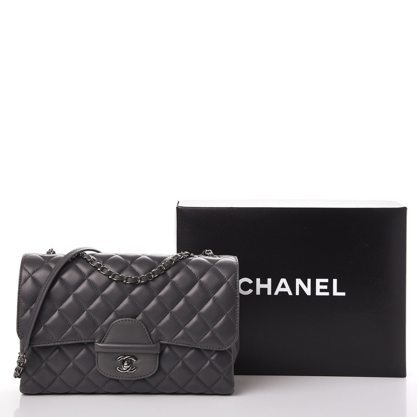 Lambskin Quilted Jumbo Coco Loop Flap Charcoal Grey