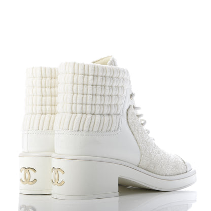 Chanel Tweed Patent Calfskin Velvet Lace Up Boots 37 White 4 of 9