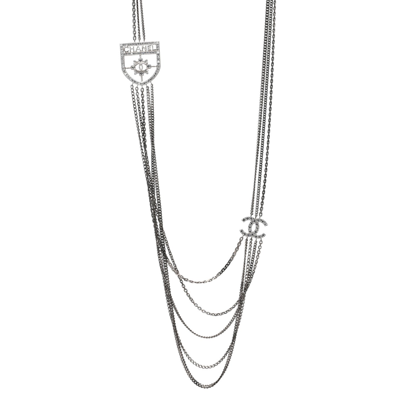 Baguette Crystal CC Shield Multi Strand Long Chain Necklace Silver