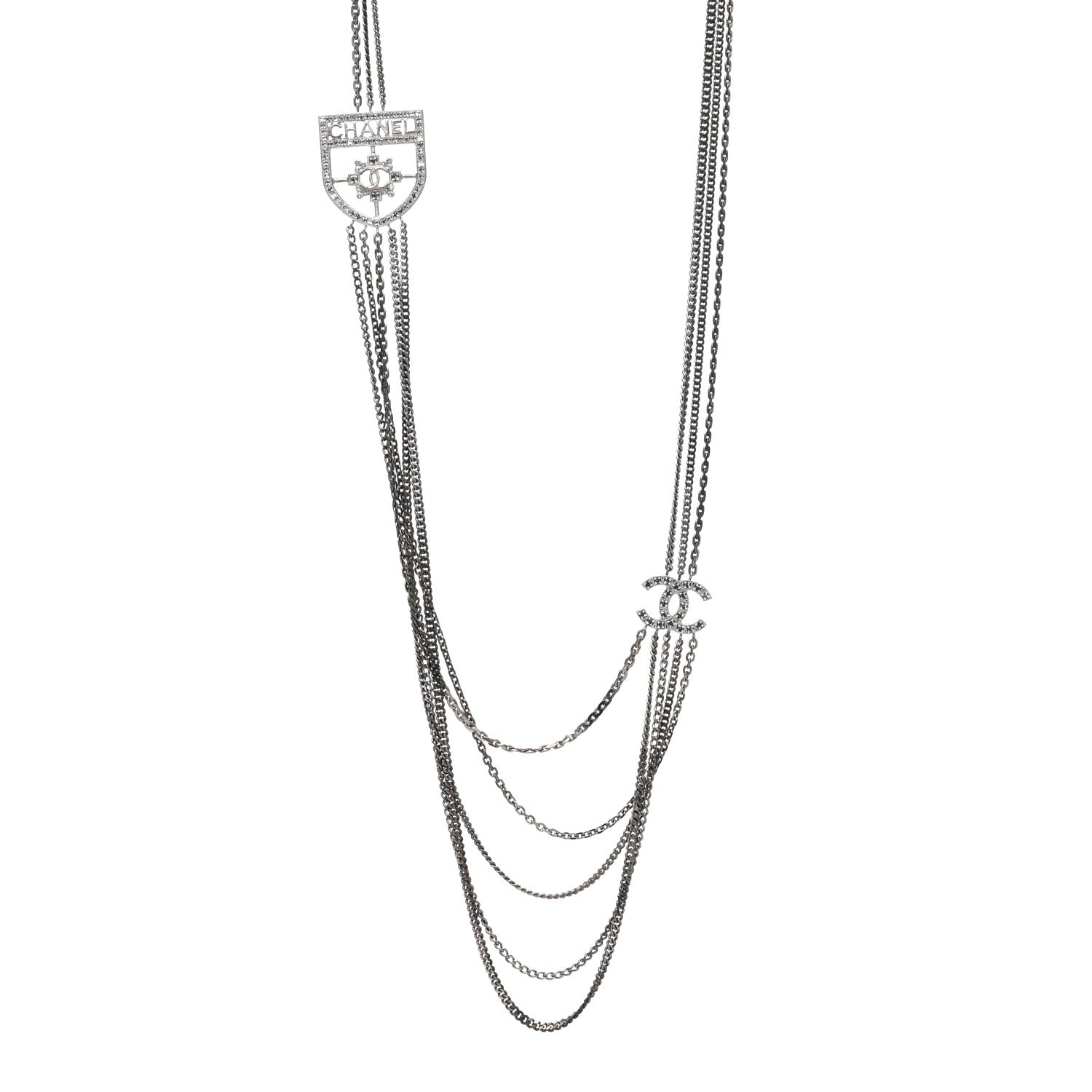 Chanel Baguette Crystal CC Shield Multi Strand Long Chain Necklace Silver 1 of 4