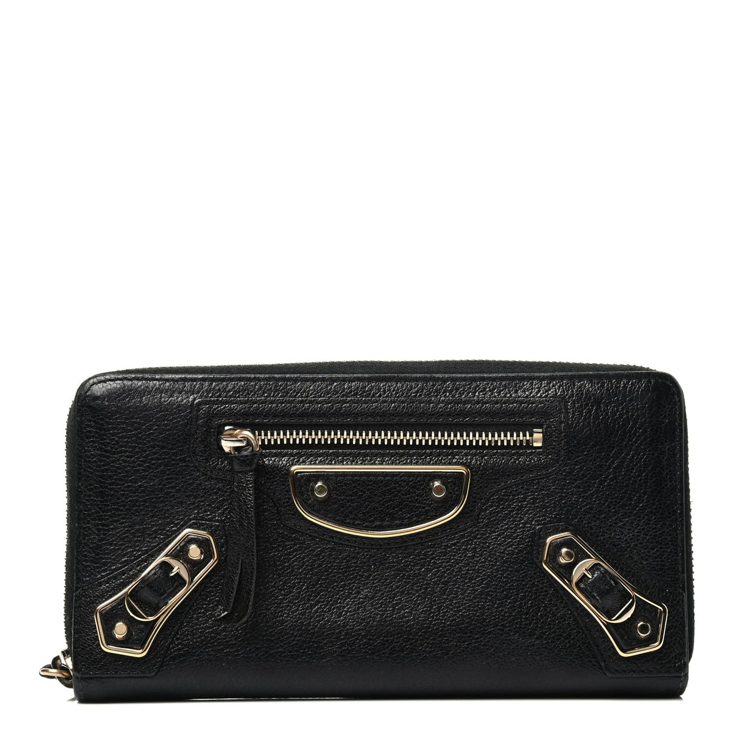 Chevre Gold Metallic Edge Hardware Continental Zip Around Wallet Black