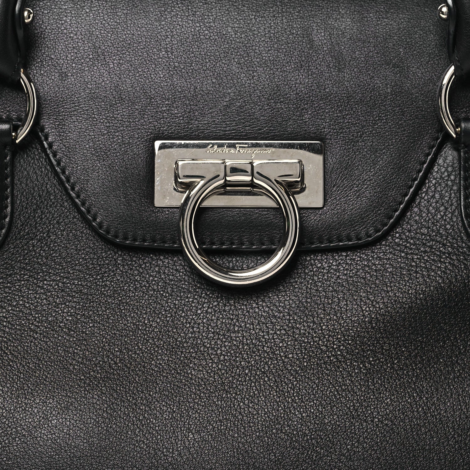 Salvatore Ferragamo Calfskin Gancini Top Handle Satchel Black 7 of 11
