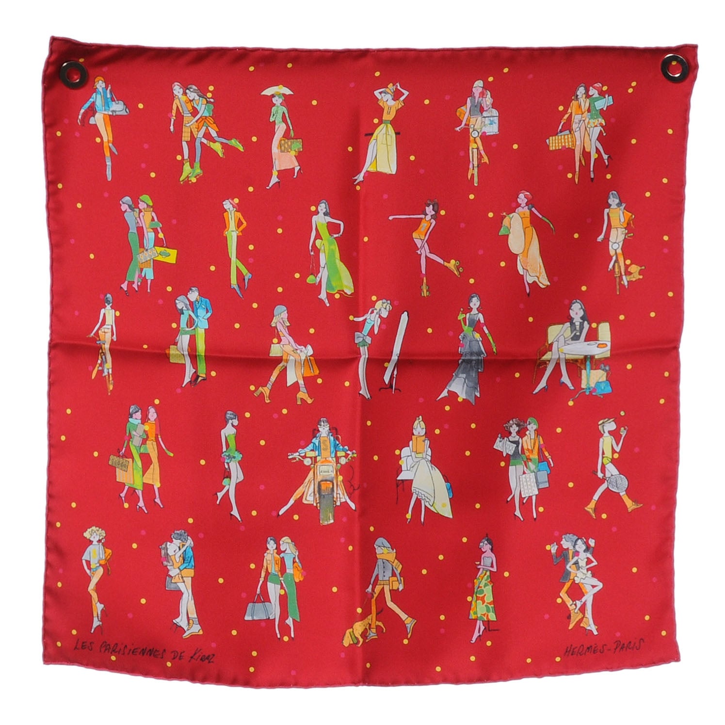Hermes Silk Les Parisiennes De Kiraz Pocket Square Scarf Red 2 of 6