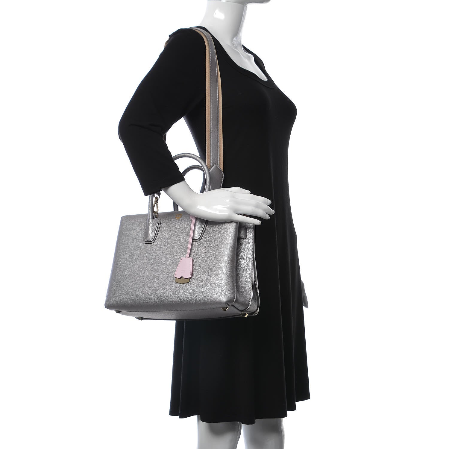 MCM Metallic Grained Calfskin Medium Milla Tote Spike Silver 2 of 14