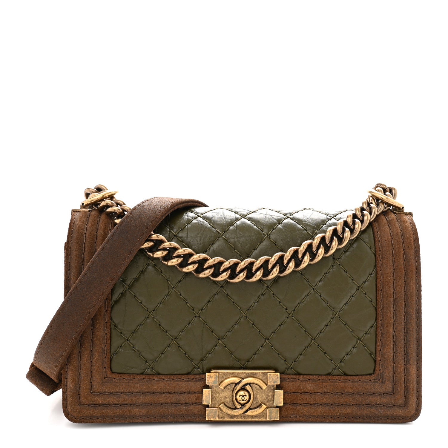Chanel Suede Calfskin Quilted Medium Boy Flap Green Brown 1 of 13