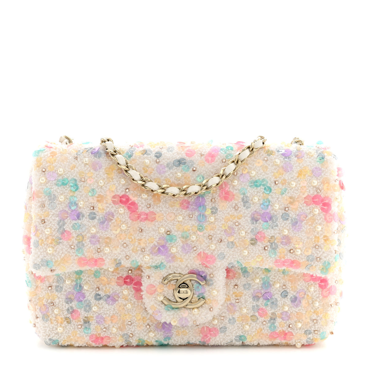 Tweed Sequin Mini Rectangular Flap White Multicolor