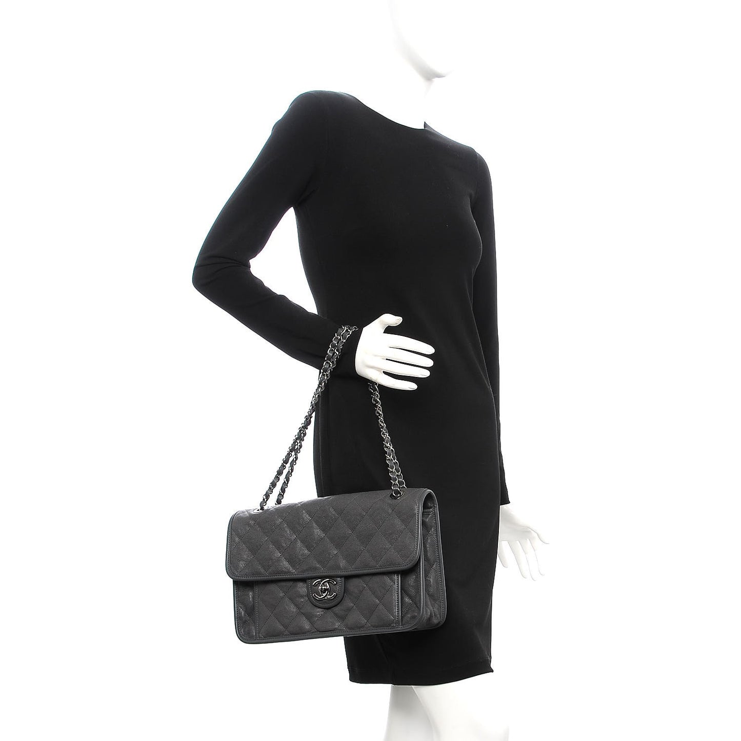 Caviar Quilted Large French Riviera Flap Dark Grey