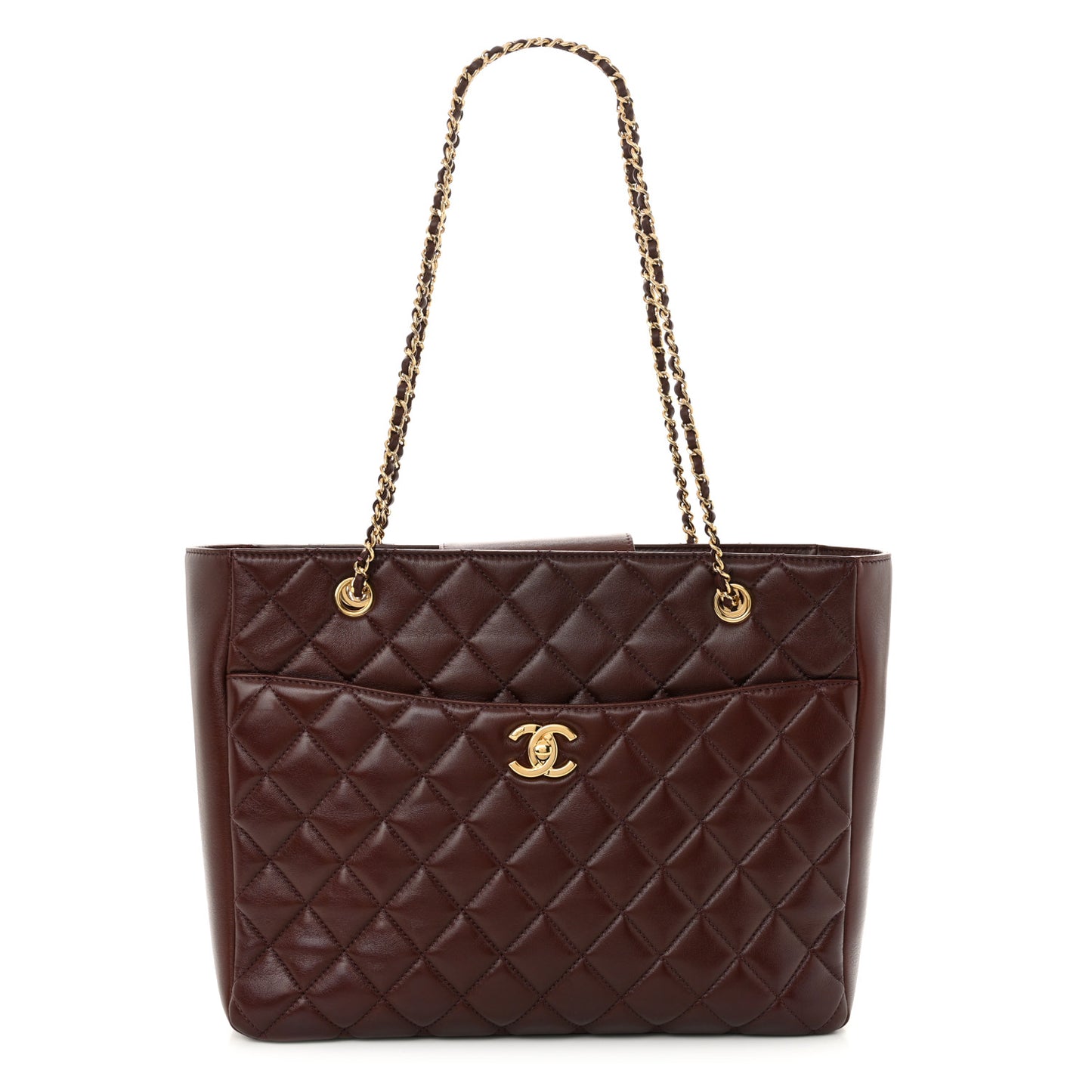 Shiny Lambskin Quilted Medium Shopping Tote Dark Brown