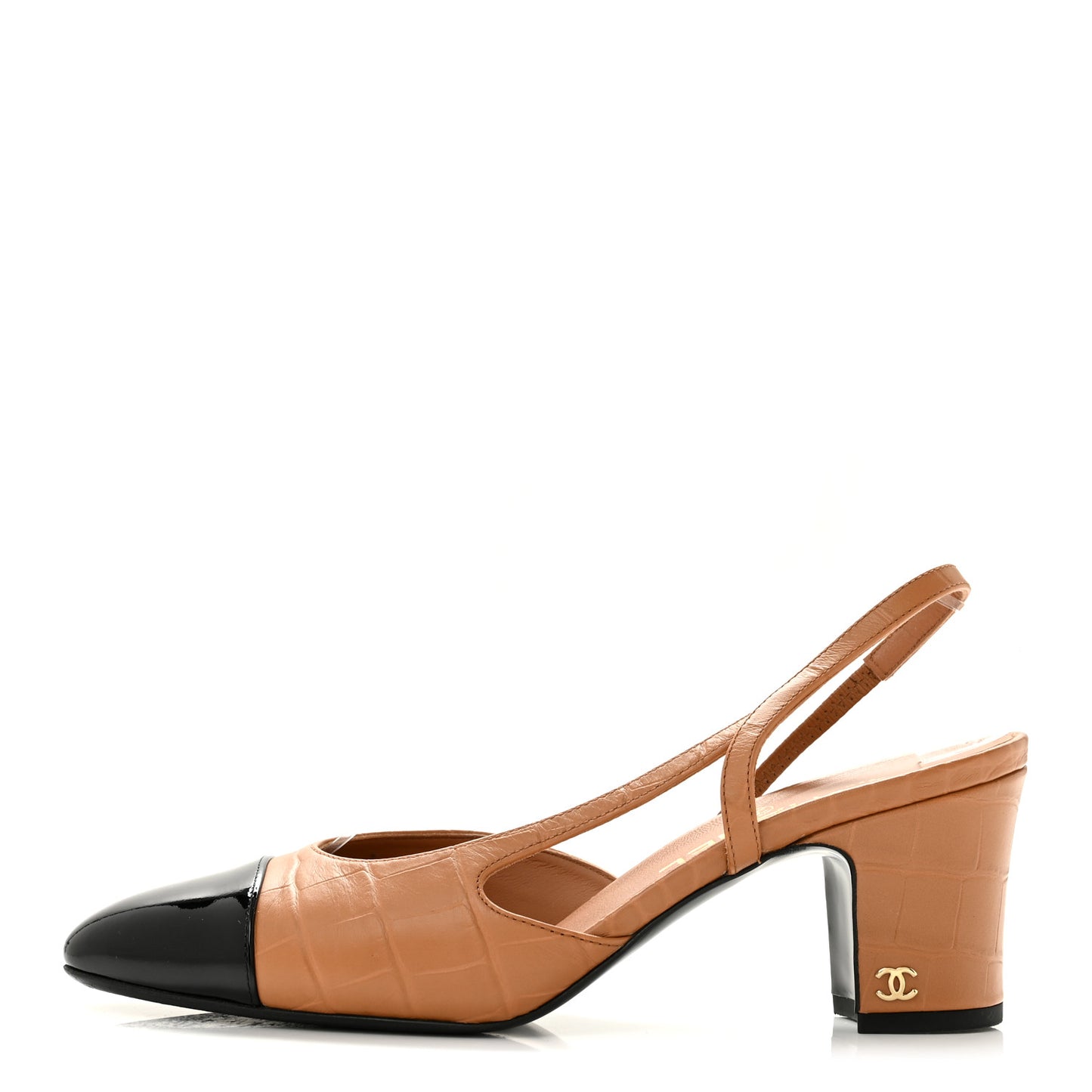 Calfskin Crocodile Embossed Patent Cap Toe CC Slingback Pumps 38.5 Light Brown Black