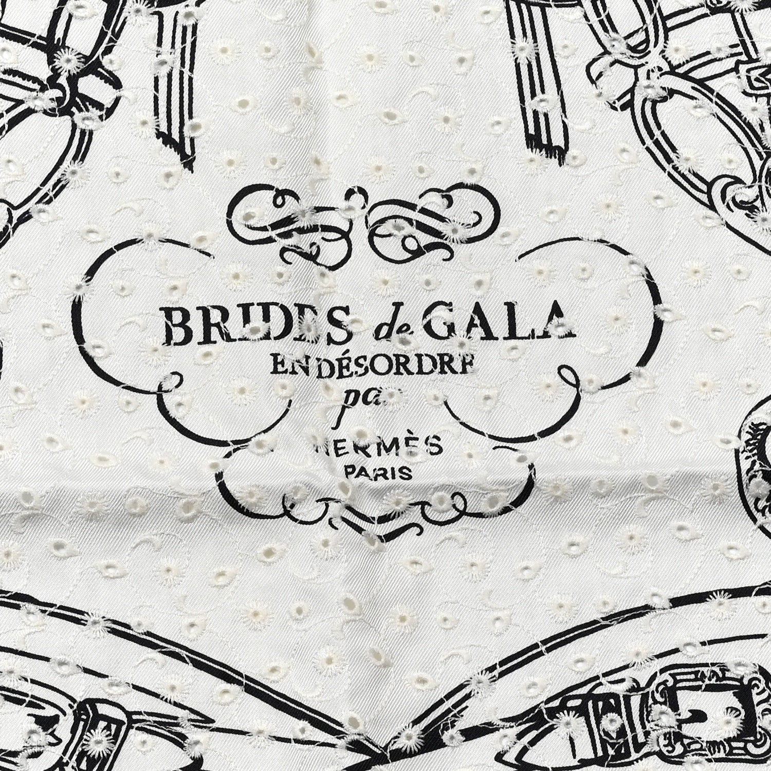 Hermes Silk Embroidered Brides De Gala Finesse Broderie Anglaise Scarf 70 White Black 2 of 4