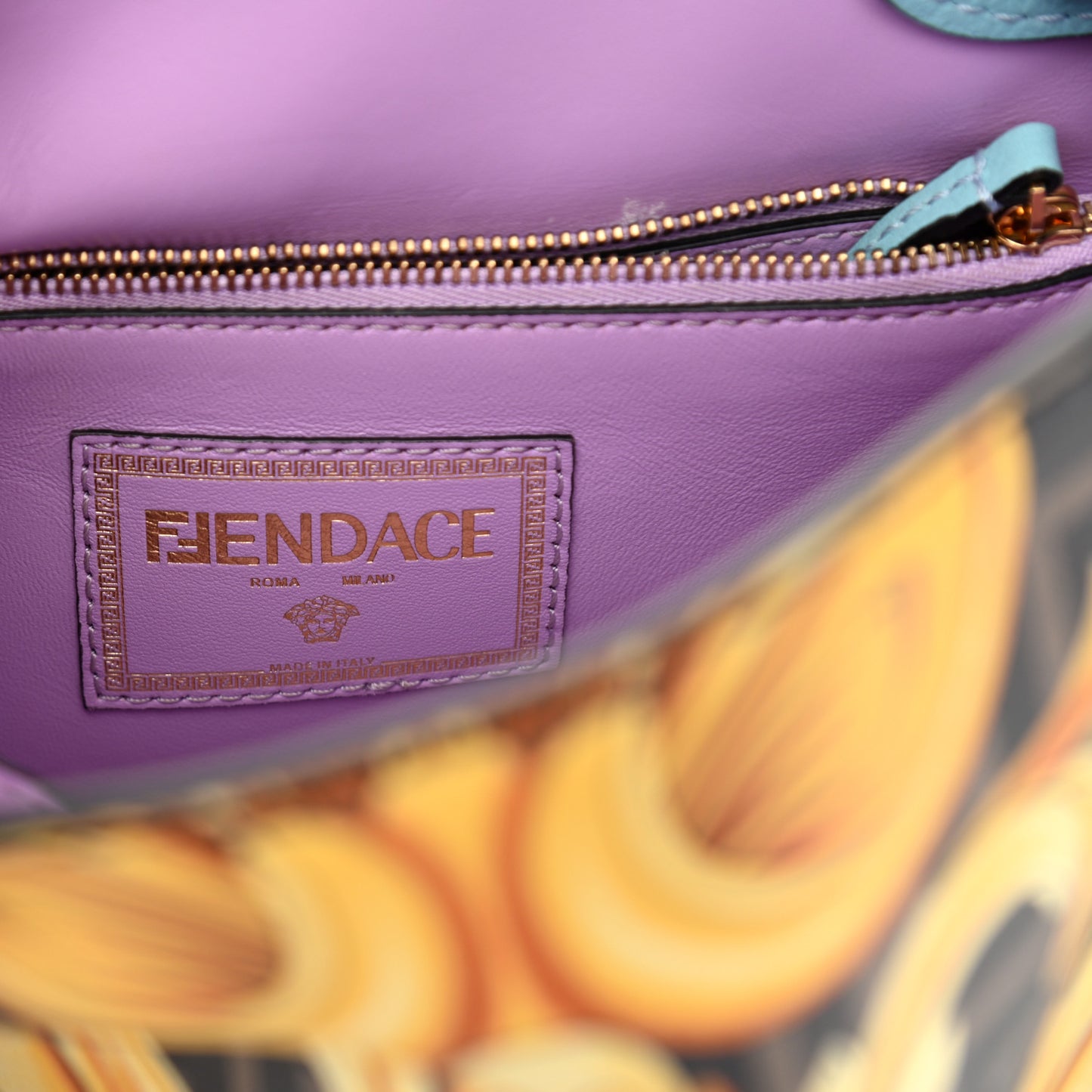 X FENDI Grained Calfskin Fendace La Medusa Medium Top Handle Bag Baby Blue Multicolor