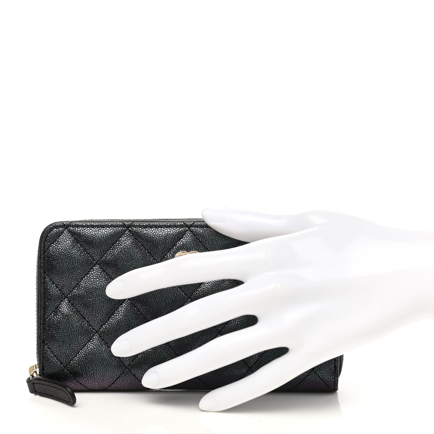 Iridescent Caviar Quilted Medium Zip Around Wallet Black