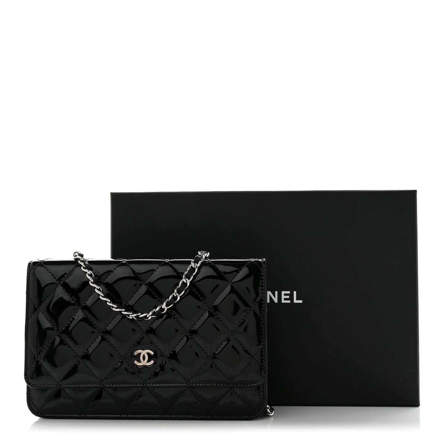 Patent Quilted Wallet On Chain WOC Black