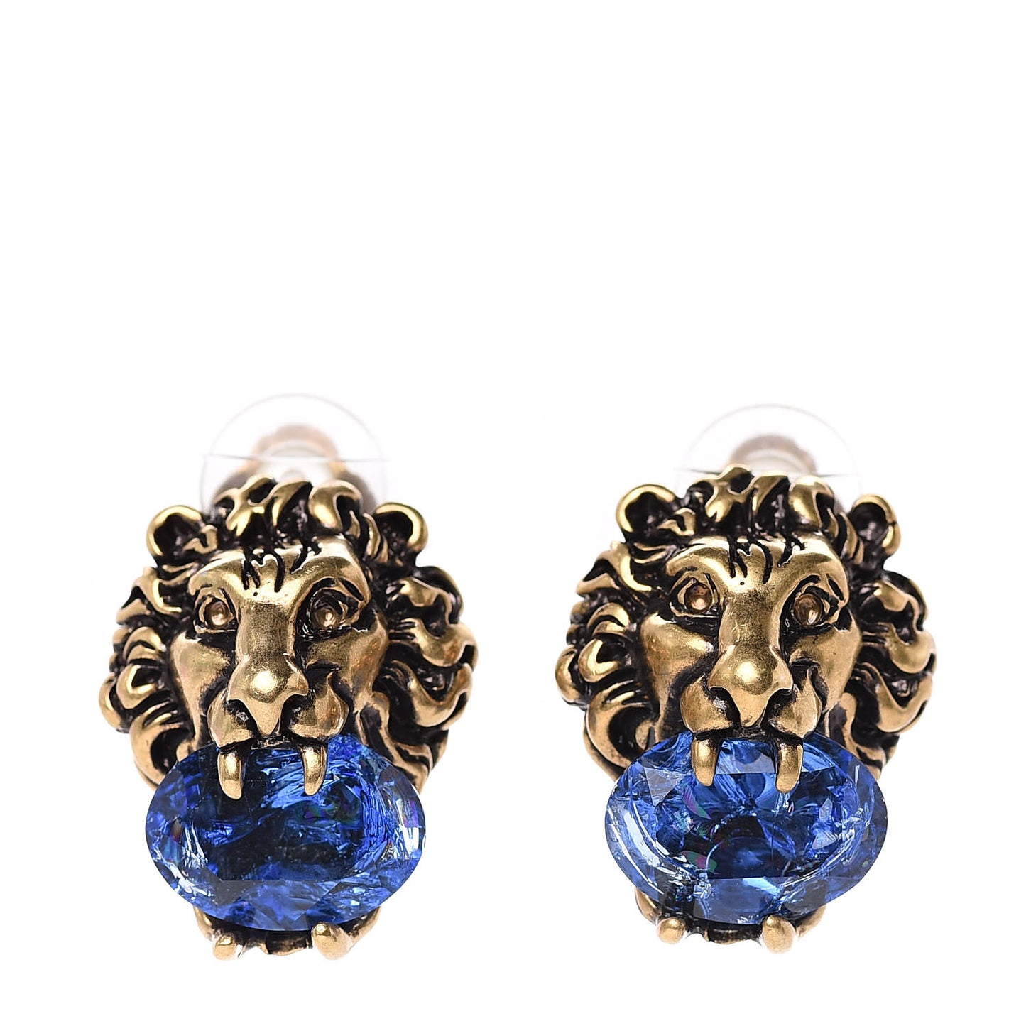 Metal Crystal Lion Clip On Earrings Aged Gold Blue