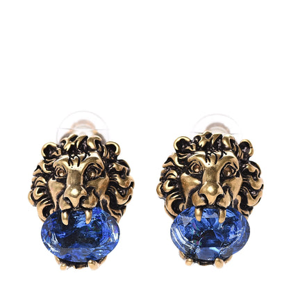 Gucci Metal Crystal Lion Clip On Earrings Aged Gold Blue 1 of 5