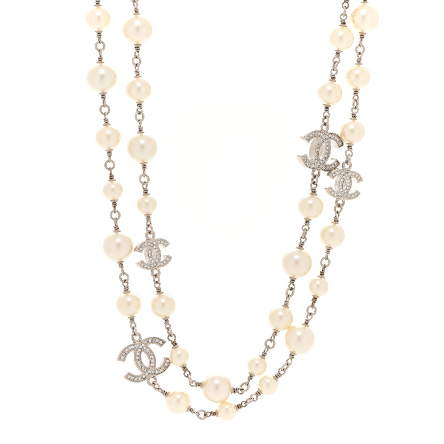 Graduated Pearl Crystal CC Long Necklace Silver