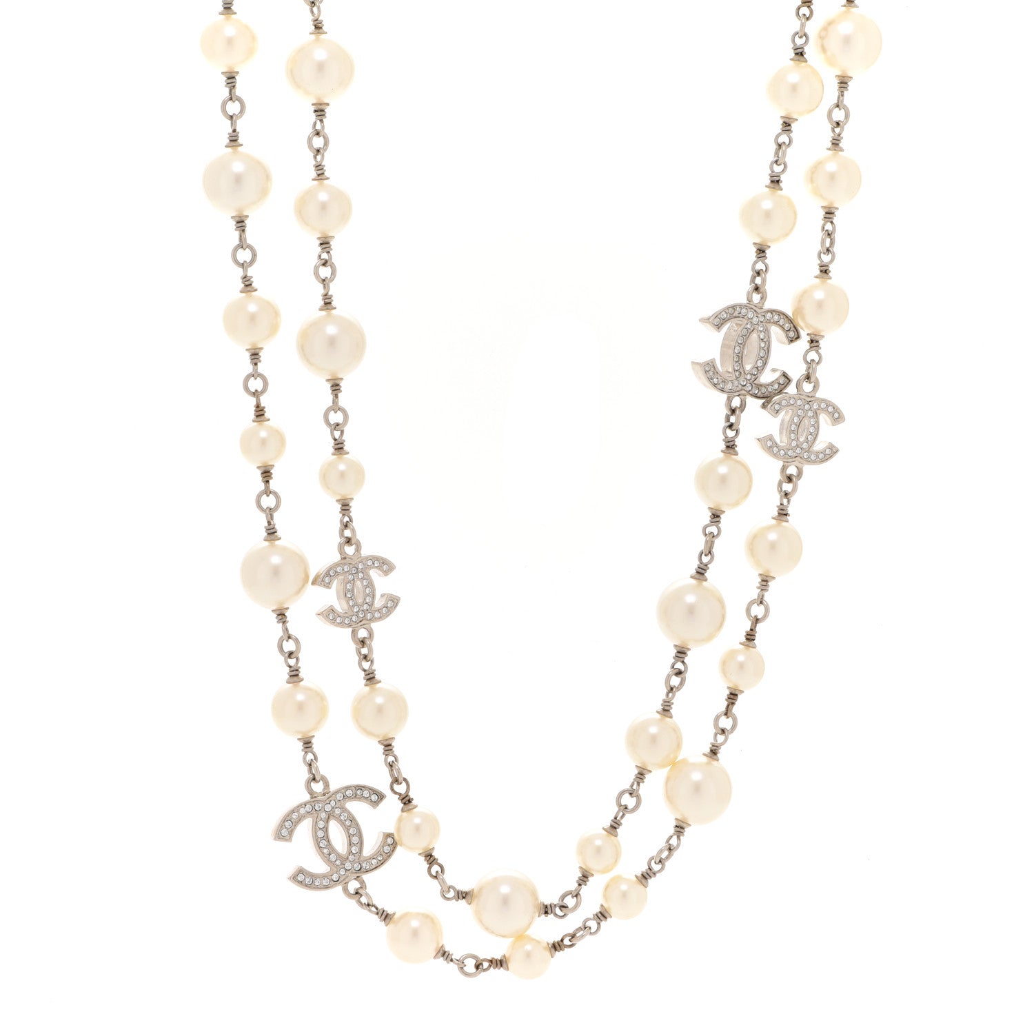 Chanel Graduated Pearl Crystal CC Long Necklace Silver 1 of 6