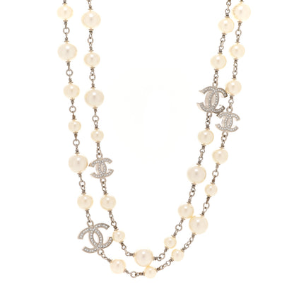 Chanel Graduated Pearl Crystal CC Long Necklace Silver 1 of 6