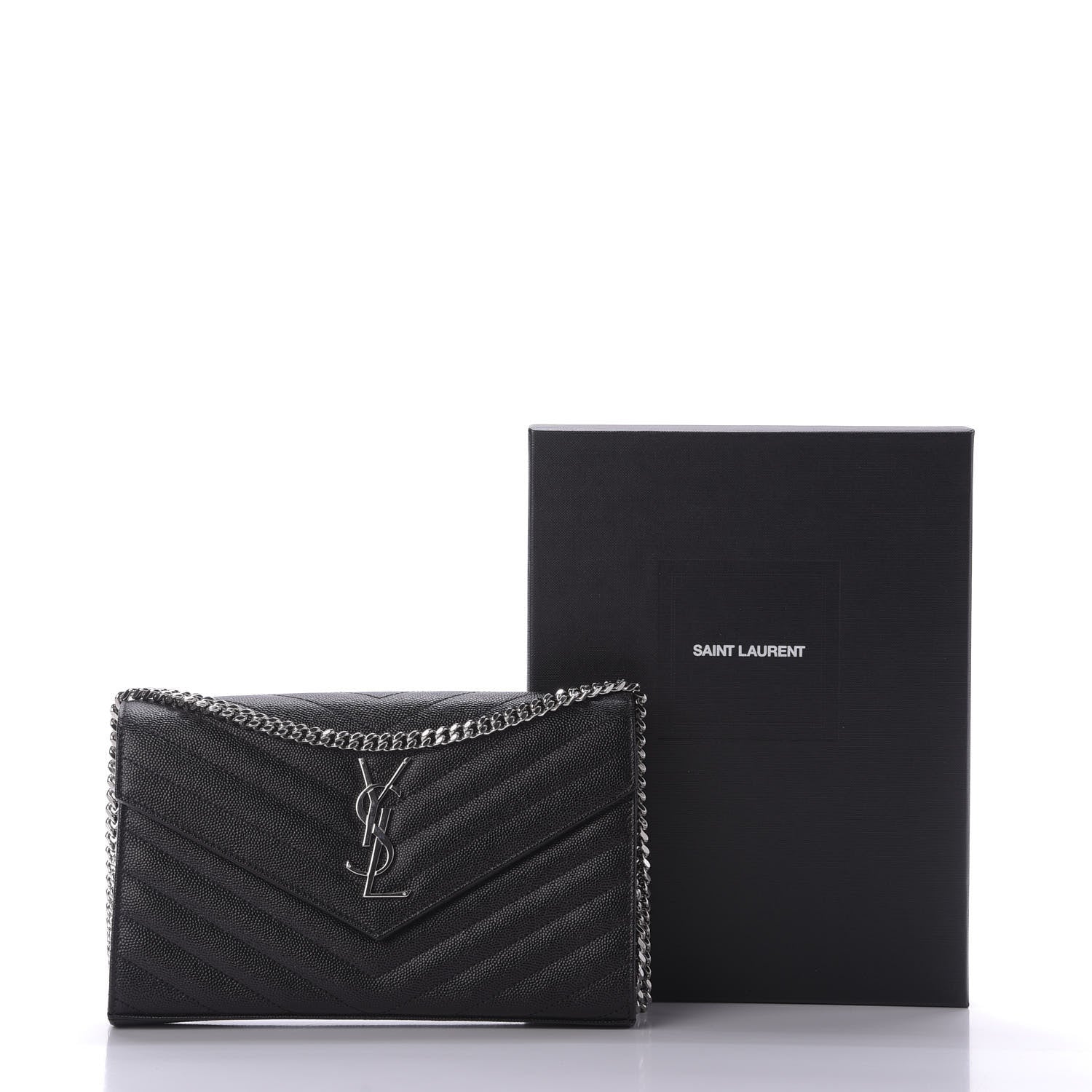 Saint Laurent Grain De Poudre Matelasse Chevron Monogram Chain Wallet Black 9 of 9