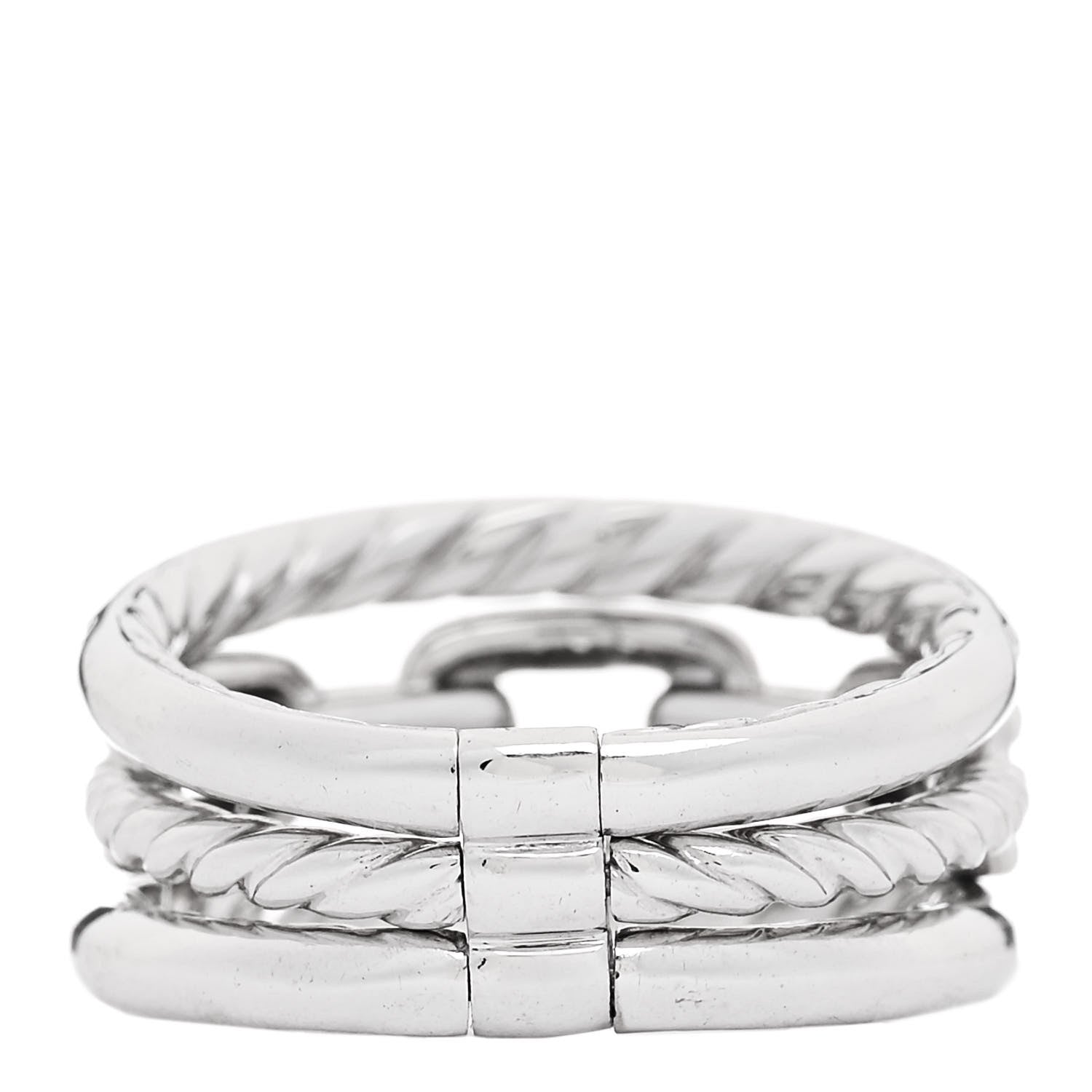 David Yurman 18K White Gold Diamond Stax Three-Row Pave Chain Link Ring 50 5.25 3 of 5