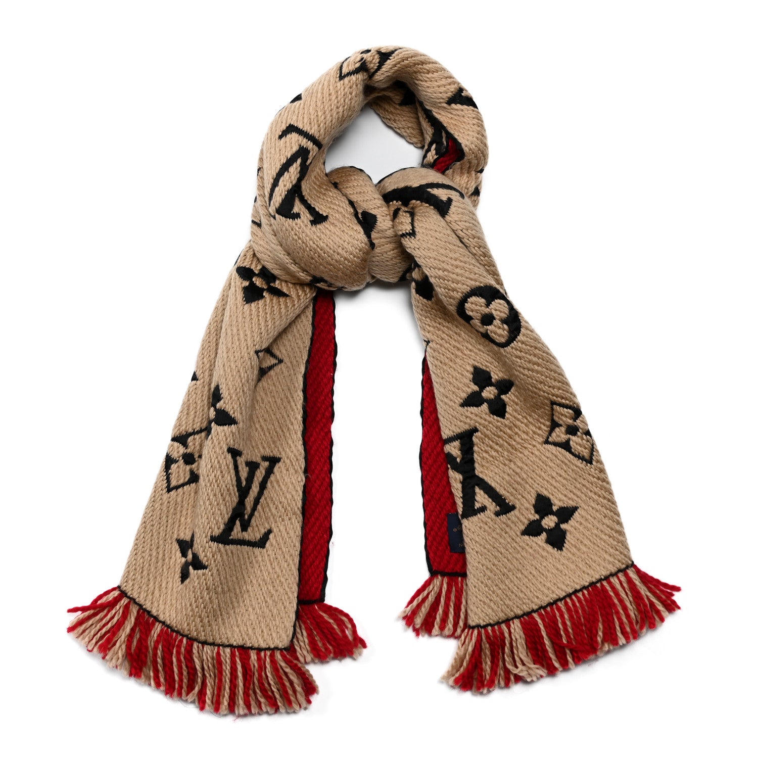 Louis Vuitton Wool Silk Logomania Duo Scarf Beige Red 1 of 3