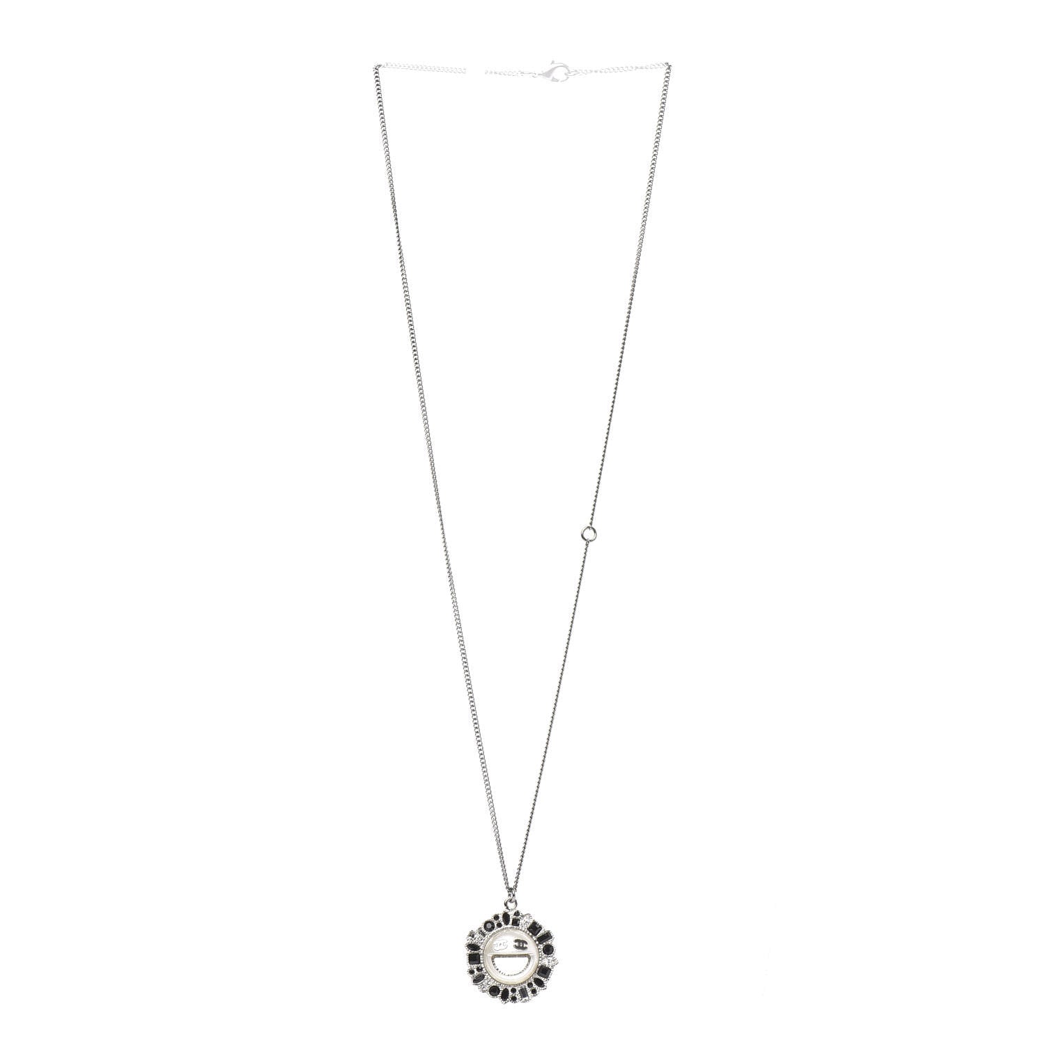 Chanel Crystal CC Smiley Emoji Pendant Necklace Silver Black 2 of 5