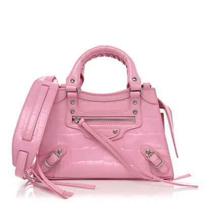Balenciaga Semi Shiny Calfskin Crocodile Embossed Neo Classic Silver Hardware Mini City Pink 1 of 16
