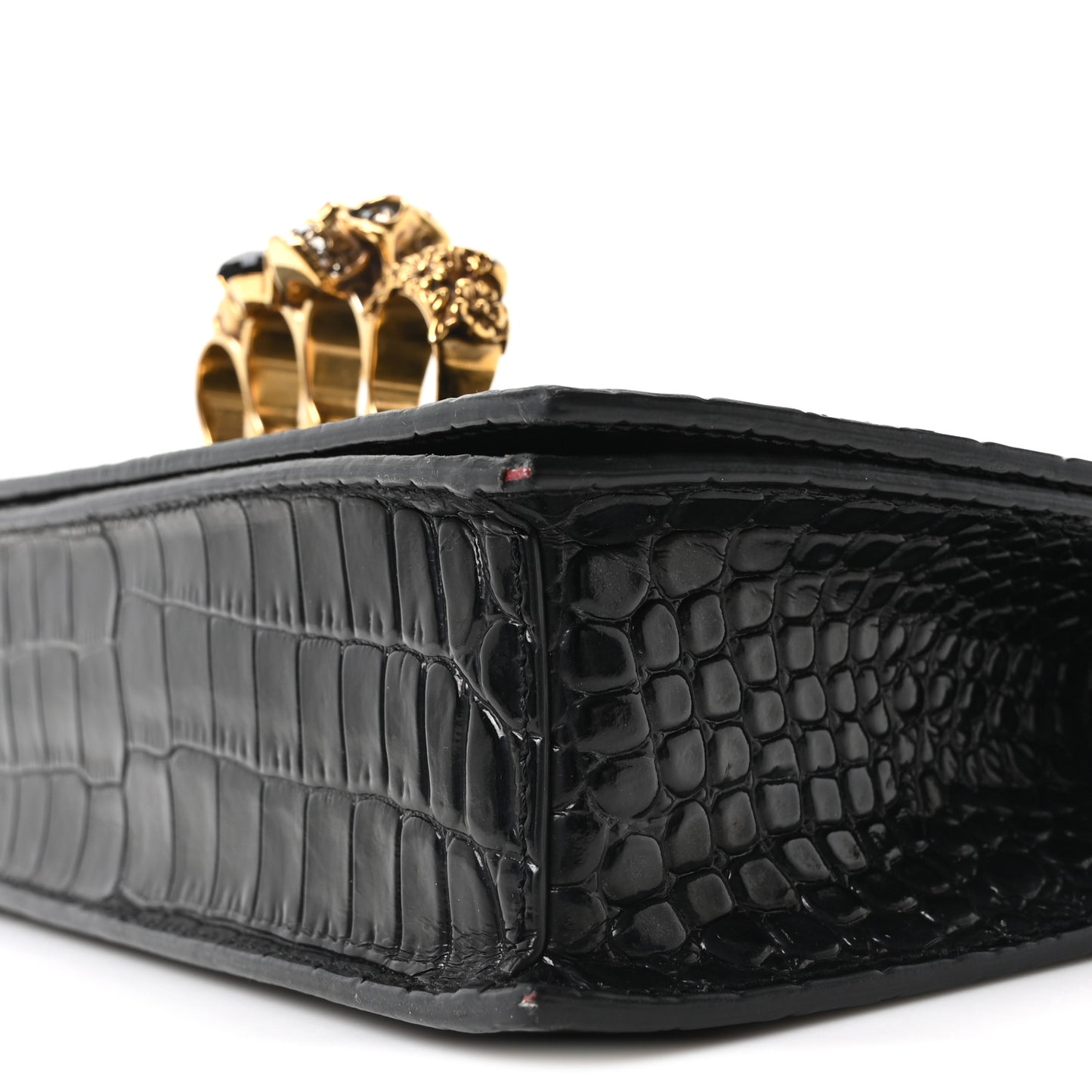 Crocodile Embossed Calfskin Knuckle Jeweled Crossbody Black